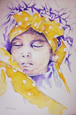 Aquarellbild eines Babys in gelb und Lila